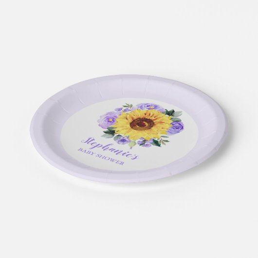 赤ちゃんシャワーサンフラワーパープルパーソナライズされたフローラ ペーパープレート (アングル)