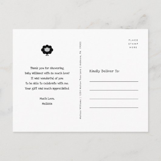 赤ちゃんシャワーシックかわいい黒&白ラムサンキュー ポストカード (裏面)
