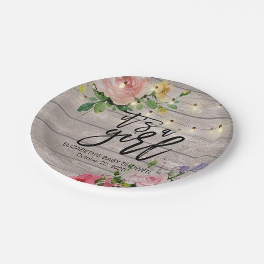 赤ちゃんシャワーシック素朴フラワーウッドストリングライト ペーパープレート (アングル)