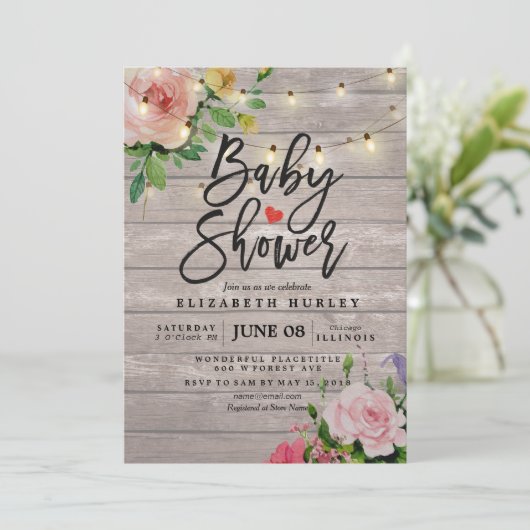 赤ちゃんシャワーシック素朴フラワーウッドストリングライト 招待状 (スタンド正面)