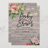 赤ちゃんシャワーシック素朴フラワーウッドストリングライト 招待状 (正面/裏面)