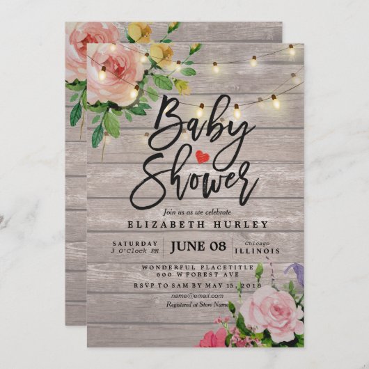 赤ちゃんシャワーシック素朴フラワーウッドストリングライト 招待状 (正面/裏面)