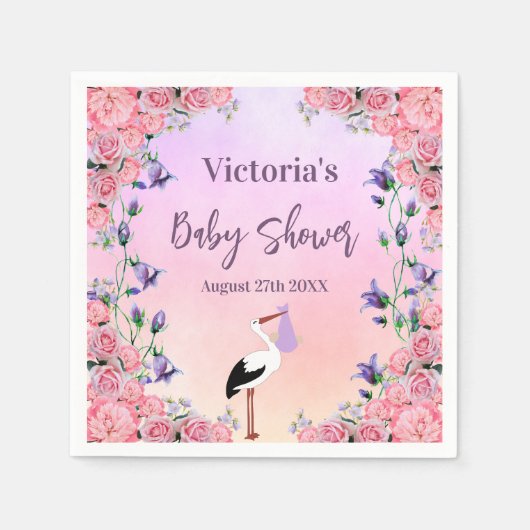 赤ちゃんシャワーストルックピンク紫色の花の女の子 スタンダードカクテルナプキン (正面)