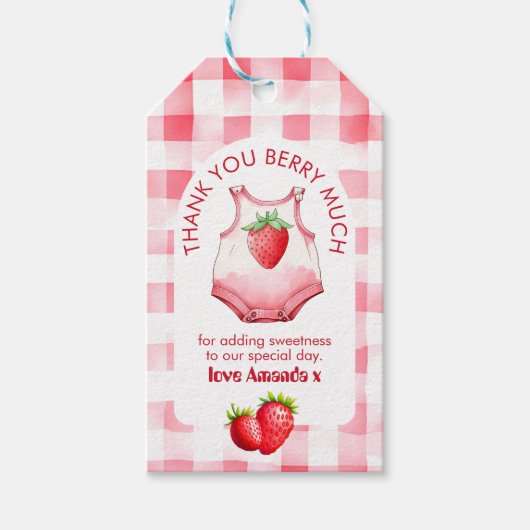赤ちゃんシャワーストロベリーギンガムキュートサンキューお願い ギフトタグ (正面)