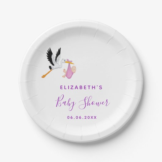 赤ちゃんシャワーストークパープルガールかわいい ペーパープレート (正面)