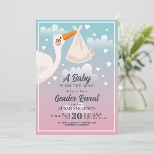 赤ちゃんシャワーストークピンクブルージェンダーリビール 招待状 (スタンド正面)