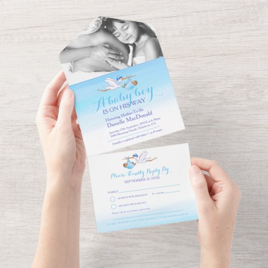 赤ちゃんシャワーストーク配信の水の色の青い写真 オールインワン招待状 (貼ってはがせる)