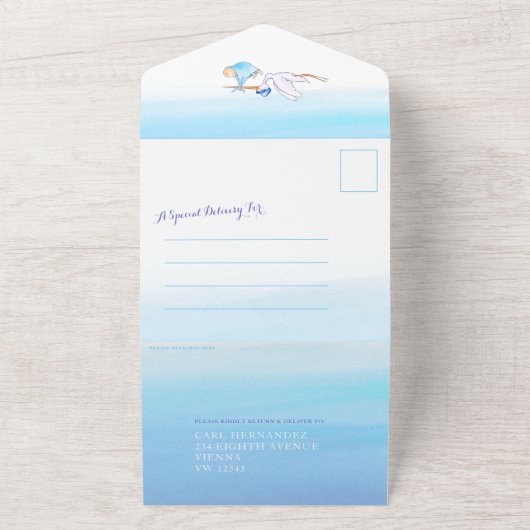 赤ちゃんシャワーストーク配信の水の色の青い写真 オールインワン招待状 (外側)