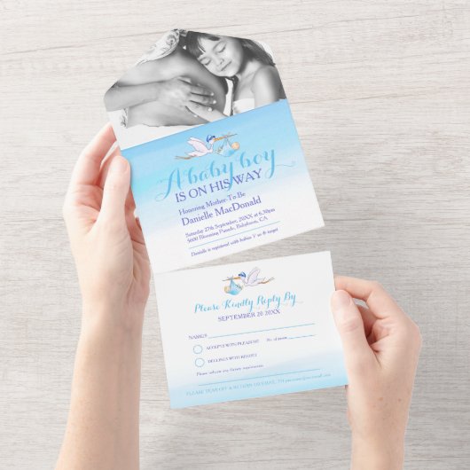 赤ちゃんシャワーストーク配信の水の色の青い写真 オールインワン招待状 (貼ってはがせる)