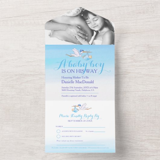 赤ちゃんシャワーストーク配信の水の色の青い写真 オールインワン招待状 (内側)