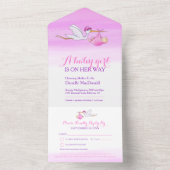 赤ちゃんシャワーストーク配達水色ガールピンク オールインワン招待状 (内側)