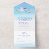 赤ちゃんシャワーストーク配達水色ブルー オールインワン招待状 (内側)