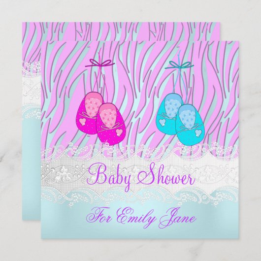 赤ちゃんシャワーゼブラピンクブルーベビーガールまたは男の子 招待状 (正面/裏面)