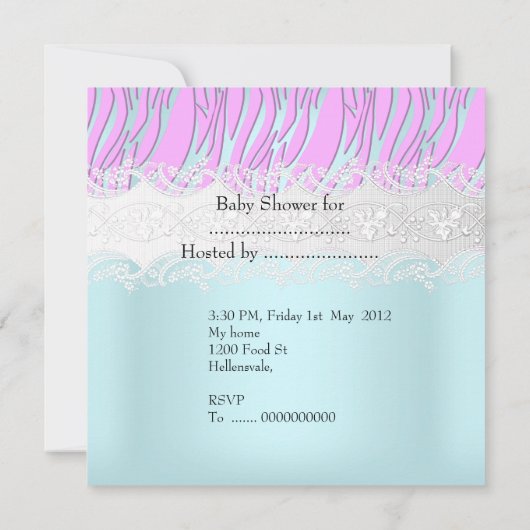 赤ちゃんシャワーゼブラピンクブルーベビーガールまたは男の子 招待状 (裏面)