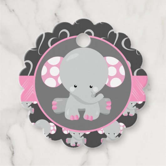 赤ちゃんシャワーゾウのピンクとグレーのメッセージカード フェイバータグ (正面)