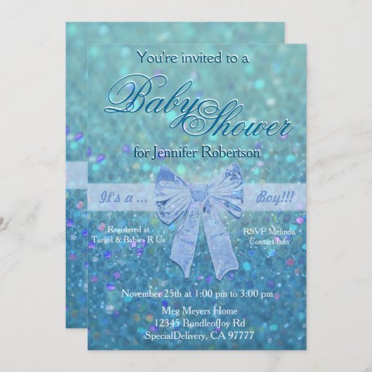 赤ちゃんシャワーティール（緑がかった色）とブルー 招待状 (正面/裏面)