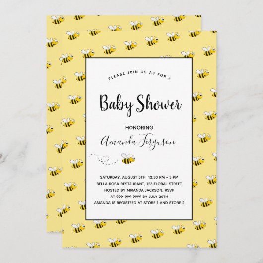 赤ちゃんシャワーハチ黄色かわいい 招待状 (正面/裏面)