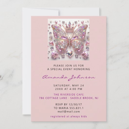 赤ちゃんシャワーバタフライガールスウィート16thピンク王室の 招待状 (正面)