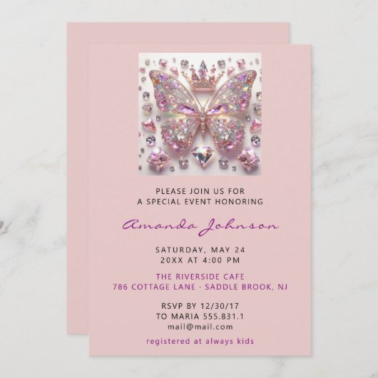 赤ちゃんシャワーバタフライガールスウィート16thピンク王室の 招待状 (正面/裏面)
