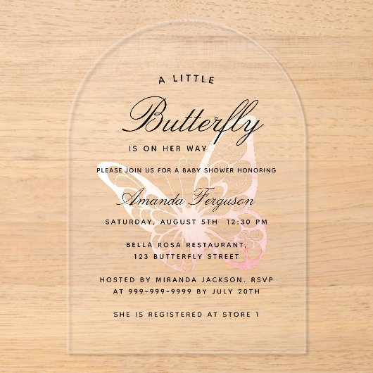 赤ちゃんシャワーバタフライピンクガールアーチ アクリル招待状 (正面)