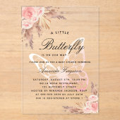 赤ちゃんシャワーバタフライピンクガールパンパスグラス澄ん アクリル招待状 (正面)