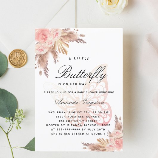赤ちゃんシャワーバタフライピンクガールパンパスグラス 招待状