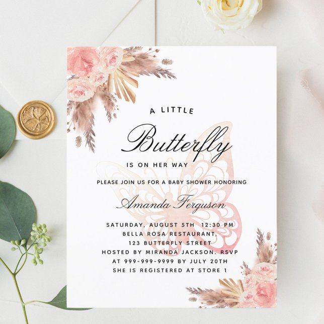 赤ちゃんシャワーバタフライピンクガールパンパ招待 (クリエイターアップロード済み)