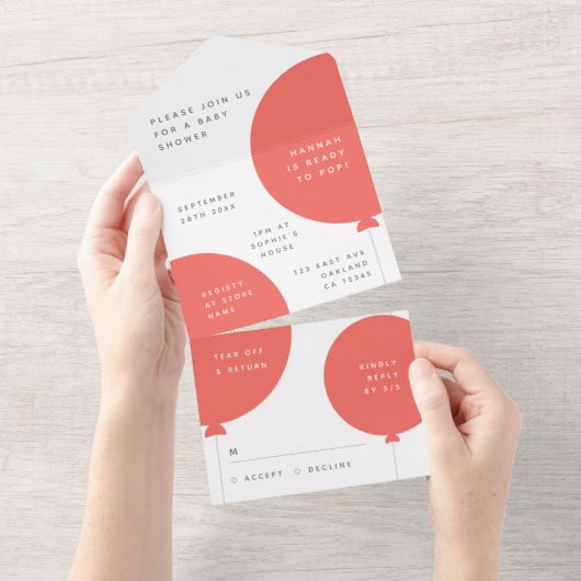 赤ちゃんシャワーバルーン | コーラルピンクミニマリストRSVP オールインワン招待状 (貼ってはがせる)