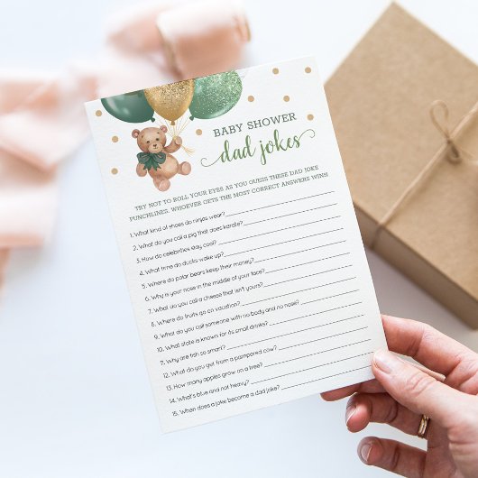 赤ちゃんシャワーパパジョークゲームグリーンテディベアカード 招待状