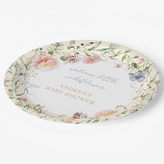 赤ちゃんシャワーパパパップの途中に小さな野花がある ペーパープレート (アングル)