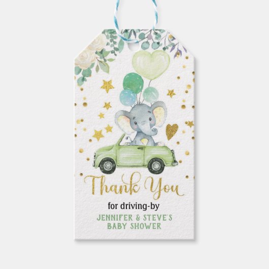 赤ちゃんシャワーパレードでドライブする緑の象 ギフトタグ (正面)