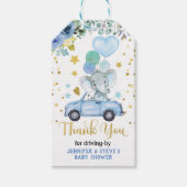 赤ちゃんシャワーパレードで青い男の子ゾウをドライブ ギフトタグ (正面)