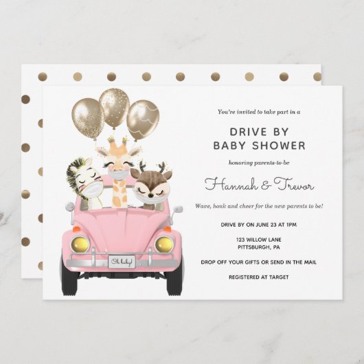 赤ちゃんシャワーパレーピンクカーでドライブ 招待状 (正面/裏面)