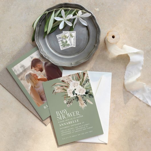 赤ちゃんシャワーパンパスグラスモダンセージ緑の写真 招待状
