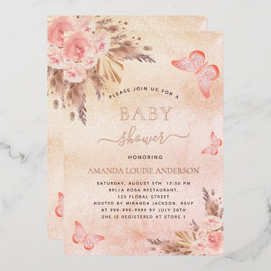 赤ちゃんシャワーパンパスグラス赤面蝶 箔招待状 (正面/裏面)