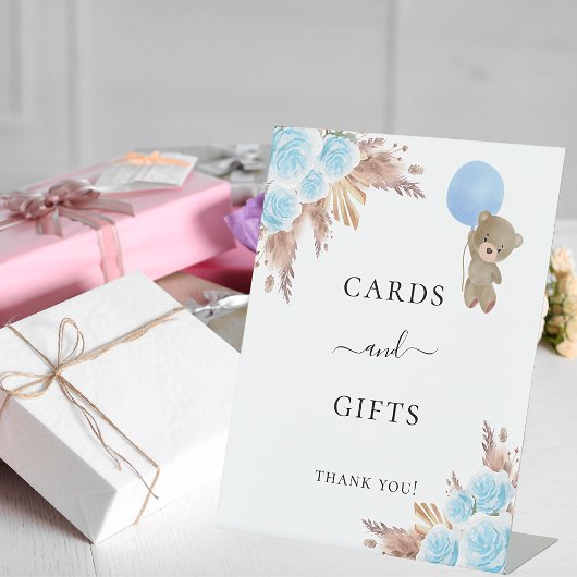 赤ちゃんシャワーパンパスグラス青いテディカードギフト 台座サイン