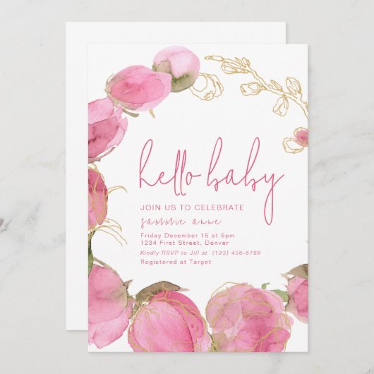 赤ちゃんシャワーパーティの招待状テンプレートピンクの花 招待状 (正面/裏面)