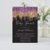 赤ちゃんシャワーパープルゴールデン滴下グリッターブラック 招待状 (スタンド正面)