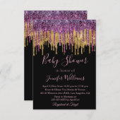 赤ちゃんシャワーパープルゴールデン滴下グリッターブラック 招待状 (正面/裏面)