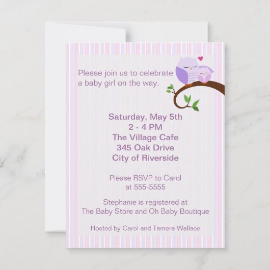 赤ちゃんシャワーパープルフクロウの招待状 招待状 (裏面)