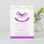 赤ちゃんシャワーパープルロッキングホースのバンティング 招待状 (スタンド正面)