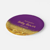 赤ちゃんシャワーパープル金ゴールドガールエレガントモノグラム ペーパープレート (アングル)