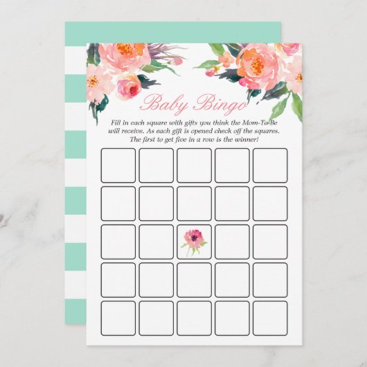 赤ちゃんシャワービンゴゲームミントグリーンストライプフローラ 招待状 (正面/裏面)