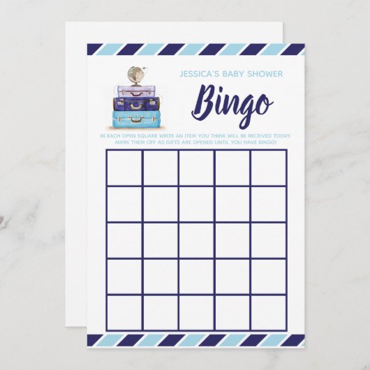 赤ちゃんシャワービンゴブルーの旅行をテーマにしたゲーム 招待状 (正面/裏面)