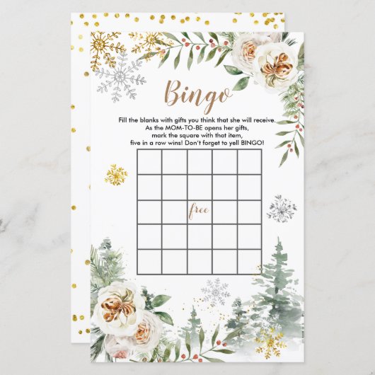 赤ちゃんシャワービンゴ冬の白いフローラ松の木 (正面/裏面)