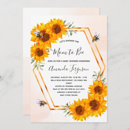 赤ちゃんシャワービーひまわり花ホワイトローズ金ゴールド 招待状 (正面/裏面)