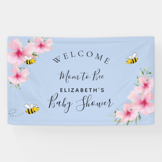 赤ちゃんシャワーピンクの花の男の子ブルーお母さんビー 横断幕 (横)