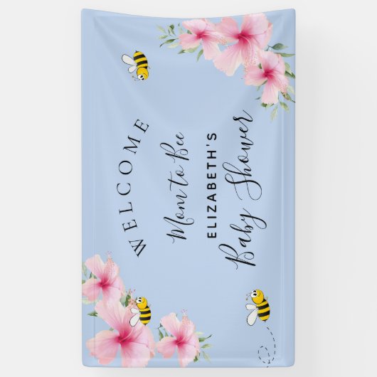 赤ちゃんシャワーピンクの花の男の子ブルーお母さんビー 横断幕 (縦)