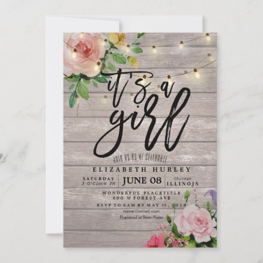 赤ちゃんシャワーピンクの花素朴木弦ライト 招待状 (正面)