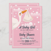 赤ちゃんシャワーピンクガールストーククラウド 招待状 (正面/裏面)